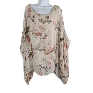 Elena Baldi Blouse Womens 3X Beige Pink Floral Silk Oversized Poncho Italy Boho
